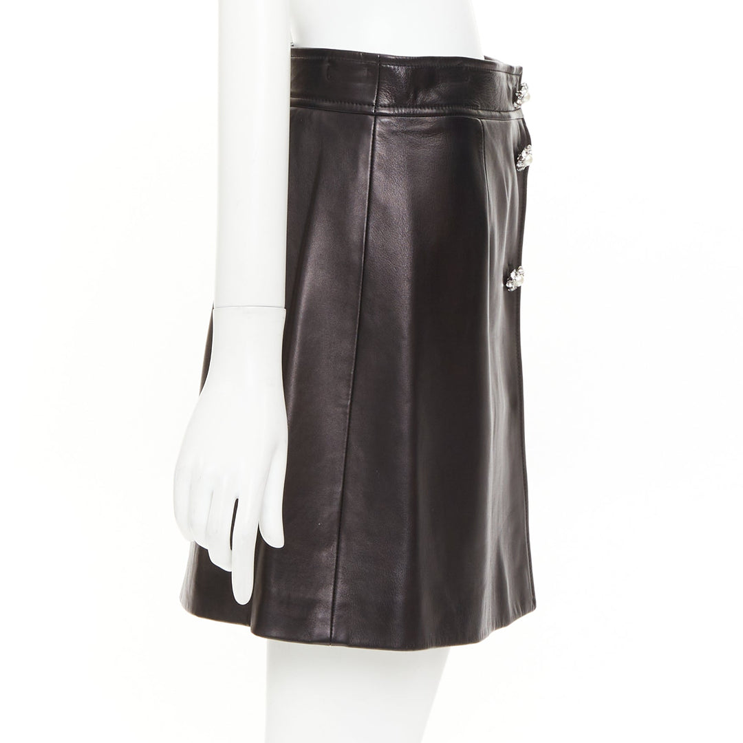 MIU MIU 2021 black lambskin nappa leather pearl floral button skirt IT40 S