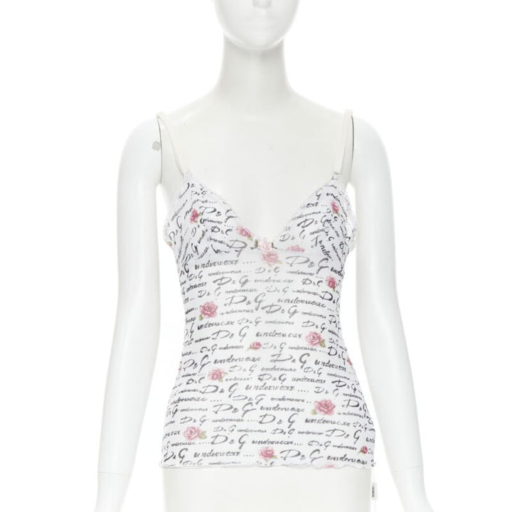 D&G DOLCE GABBANA Underwear white logo rose mesh lace trim cami tank top M