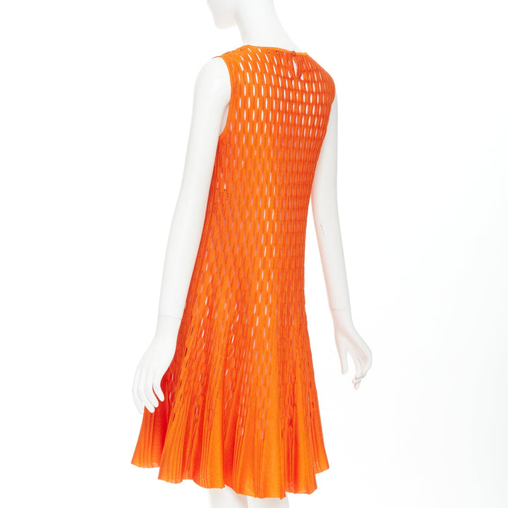 DIOR orange viscose blend perforated knit cream silk line fit flare dress FR38 M