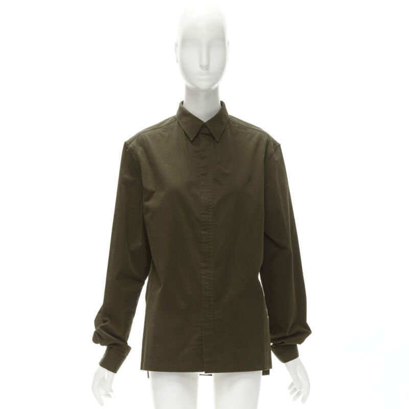 BALENCIAGA army green cotton-blend concealed zip front shirt EU38 S