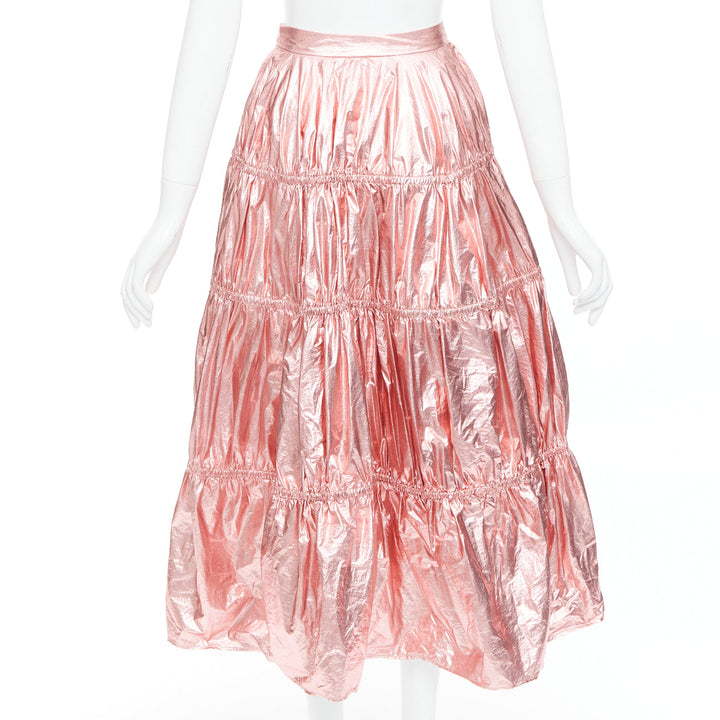 REJINA PYO metallic pink nylon high waist tiered A-line skirt UK6 XS