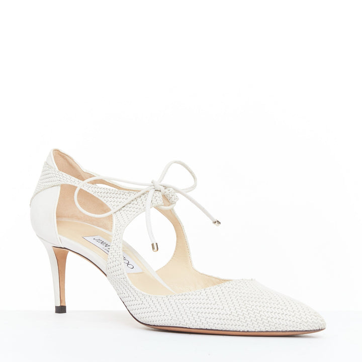 JIMMY CHOO Vanessa white textured suede leather tie bridal pump EU38.5