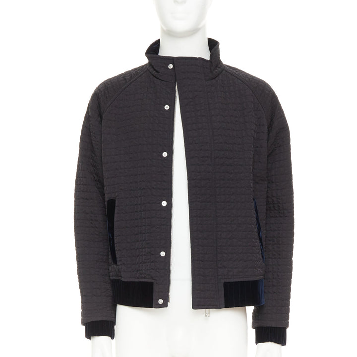 GIORGIO ARMANI black fine grid quilted nylon velvet trim zip up jacket IT46 S
