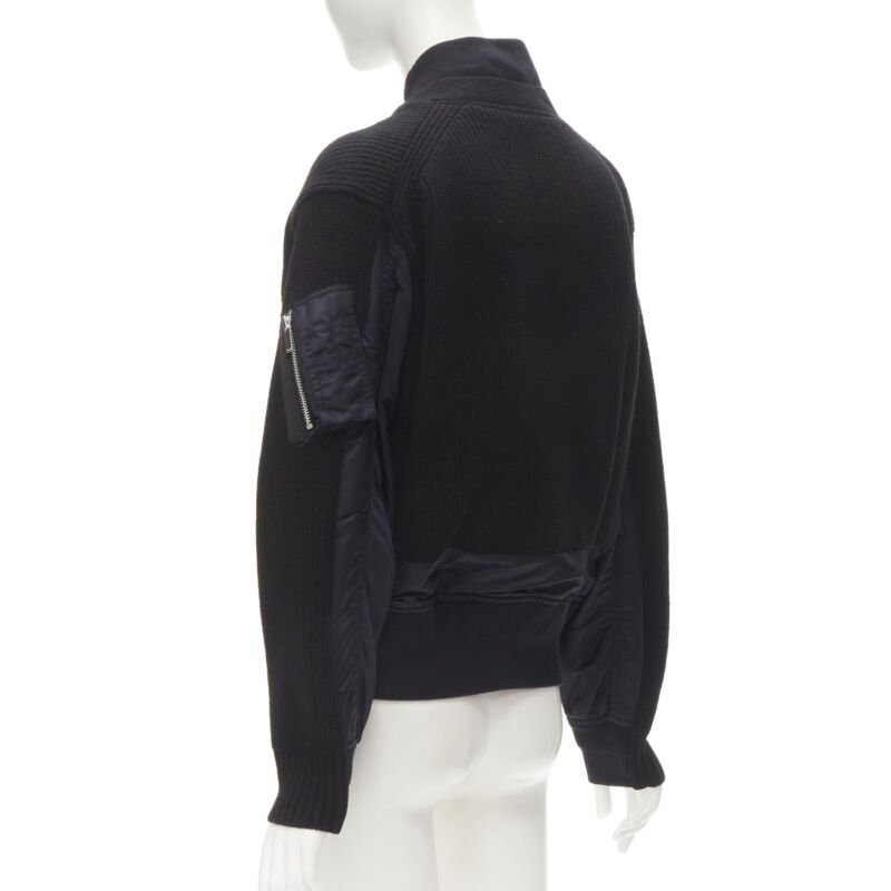 SACAI 2018 black wool knit nylon insert deconstructed bomber jacket JP1 S