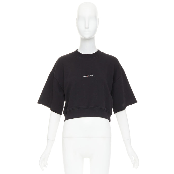 SAINT LAURENT 2016 black cotton vintage logo cropped boxy sweatshirt XS