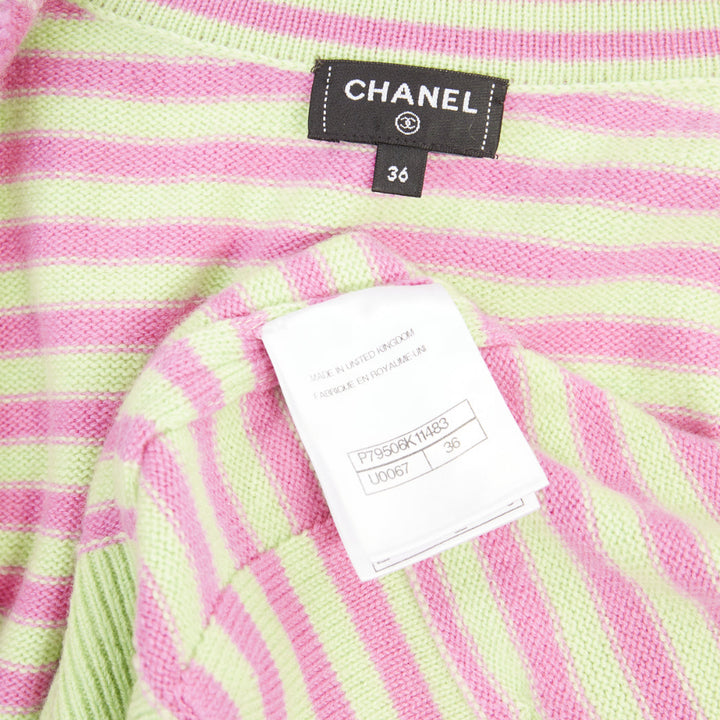 CHANEL 2025 Runway cashmere pink green striped swallow crystal cardigan FR36