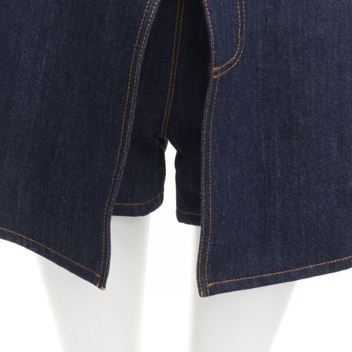 ALEXANDER MCQUEEN blue denim double waistband logo patch layered shorts 24"