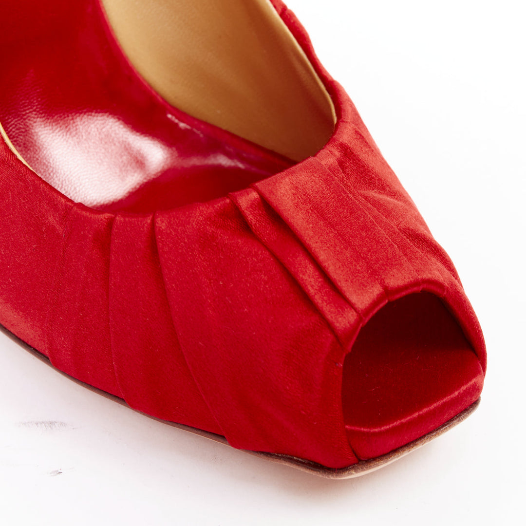 VALENTINO red pleated satin ribbon bow peep toe stiletto pumps EU37