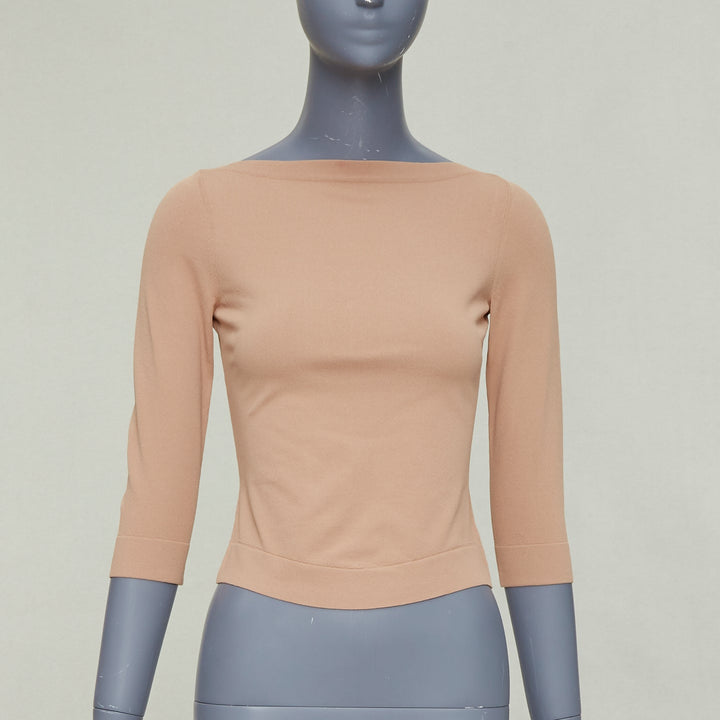 ALAIA tan nude viscose blend cropped sleeved bateau neck sweater FR36 S