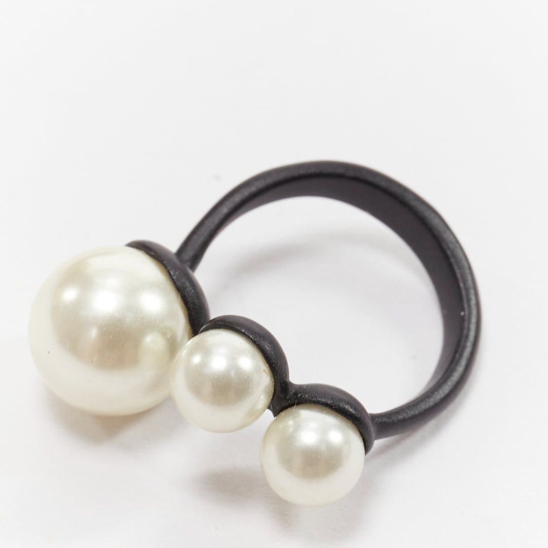 DIOR Tribale black matte metal trio faux faux pearl ring