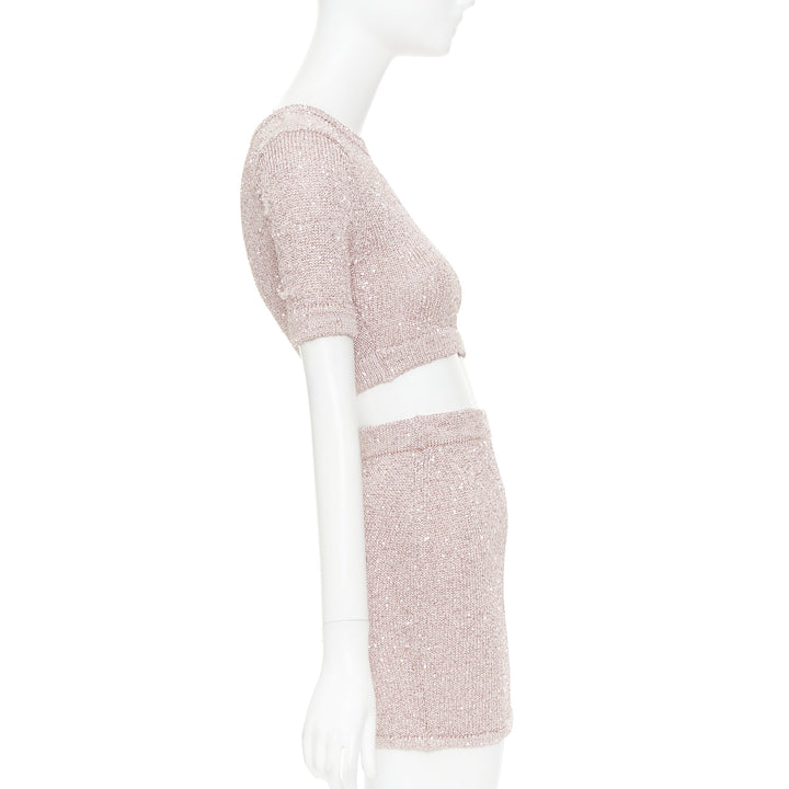 ALEXANDRE VAUTHIER Rose light pink sequin metallic lurex crop sweater mini skirt