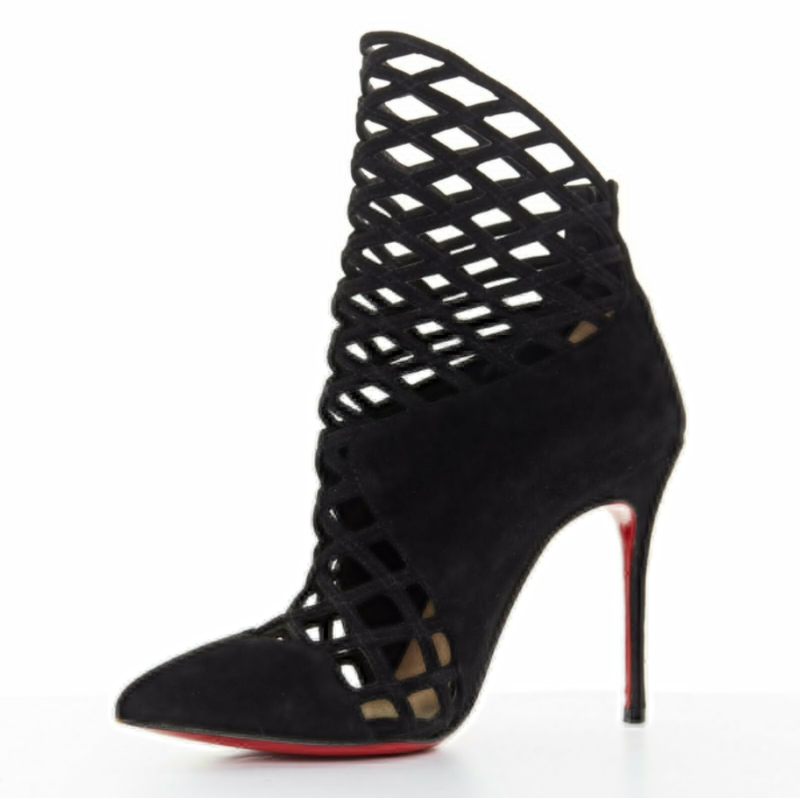 CHRISTIAN LOUBOUTIN Mrs Bouglione black suede mesh cut out pointy bootie EU35