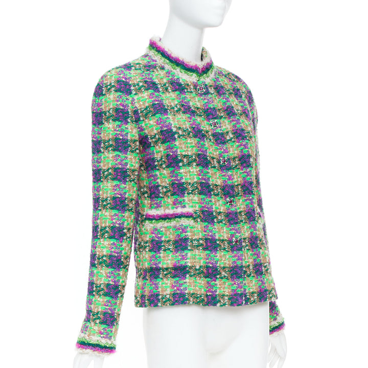 CHANEL 2025 Coco Neige green purple sequin check jewel tweed jacket FR36 XS