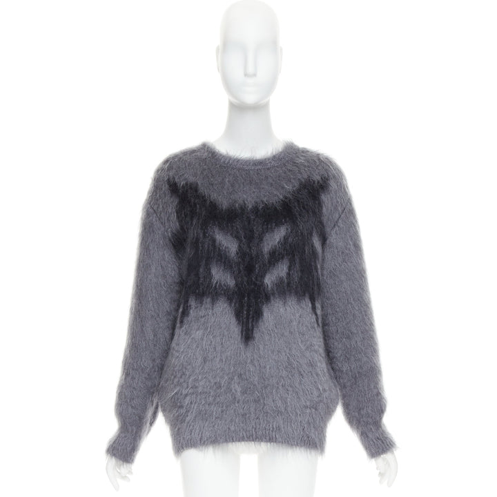 CHRISTIAN DIOR grey mohair silk black graphic fluffy long sleeve sweater FR36 S
