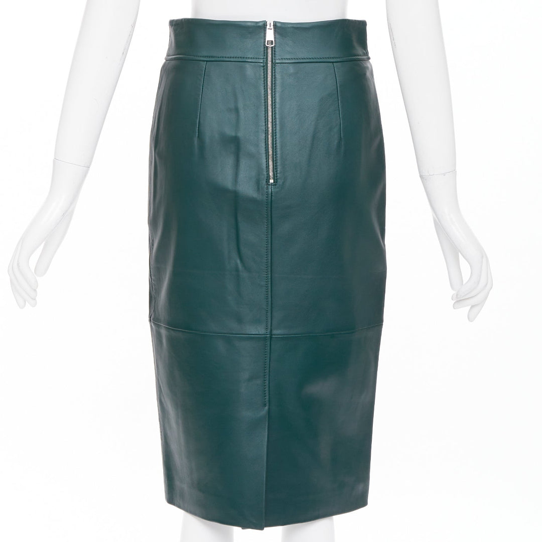 BOSS dark green panelled lambskin leather exposed silver zip pencil skirt US2 S