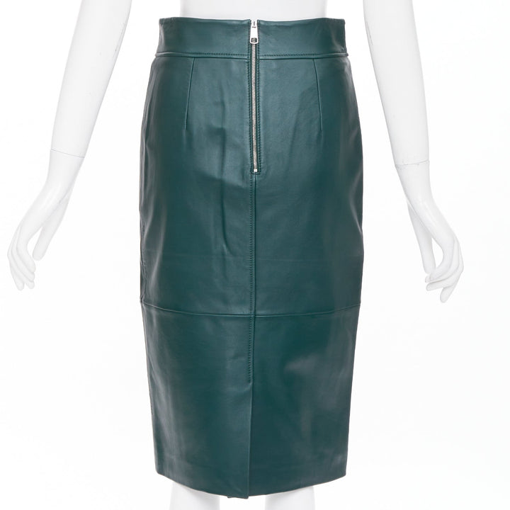 BOSS dark green panelled lambskin leather exposed silver zip pencil skirt US2 S