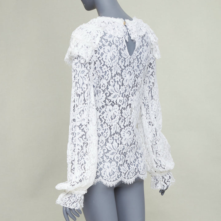 CHANEL 2017 Paris-Cosmopolite white open weave lace ruffle shirt blouse FR38 M