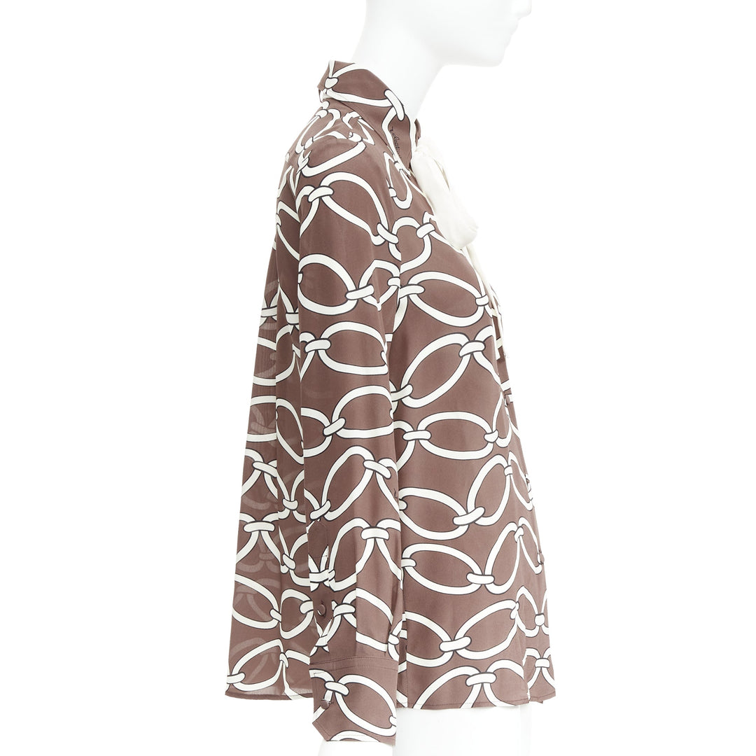 VALENTINO Chain 1967 brown cream crepe de chine silk tie neck blouse IT38 XS