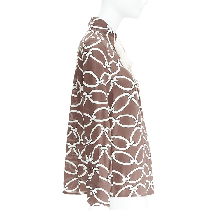 VALENTINO Chain 1967 brown cream crepe de chine silk tie neck blouse IT38 XS
