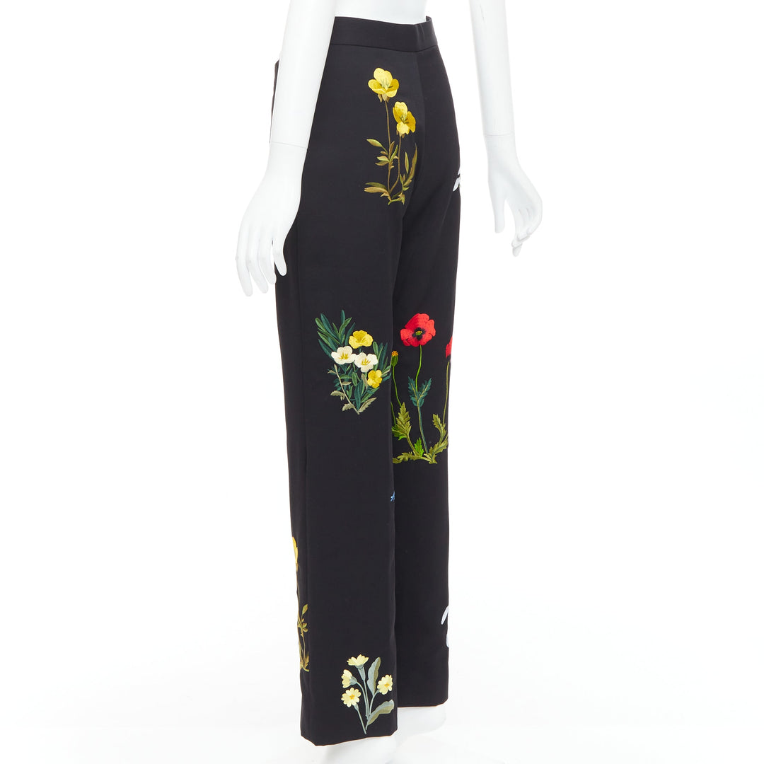 STELLA MCCARTNEY 2015 black 100% wool floral embroidery trousers IT36 XXS