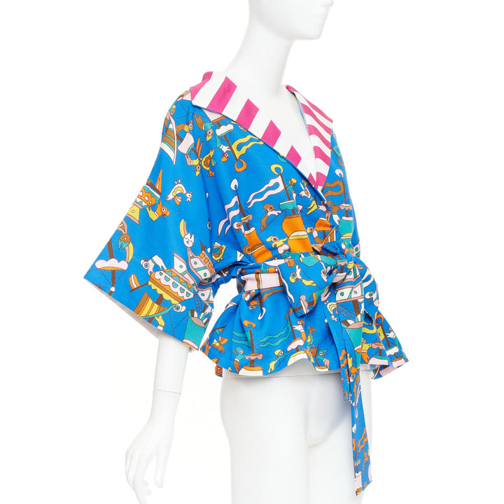 RIANNA + NINA Greek blue cotton cartoon print striped belted Kimono blouse M