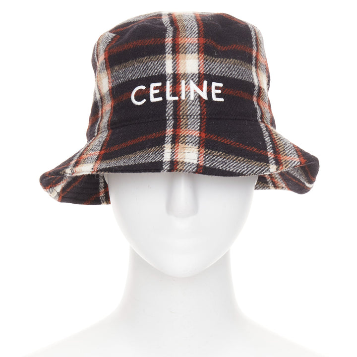 CELINE 2021 Runway Plaid Woven Bucket Hat black red wool logo cap M