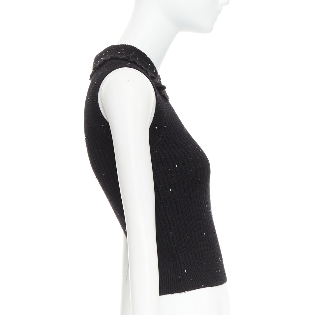 SHUSHU TONG black sequinned knit collared red logo rib crop vest UK6 XS