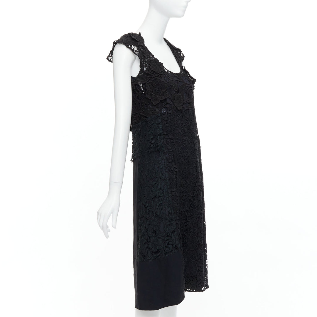 PRADA 2008 black cotton blend heavy lace applique panelled dress IT38 XS