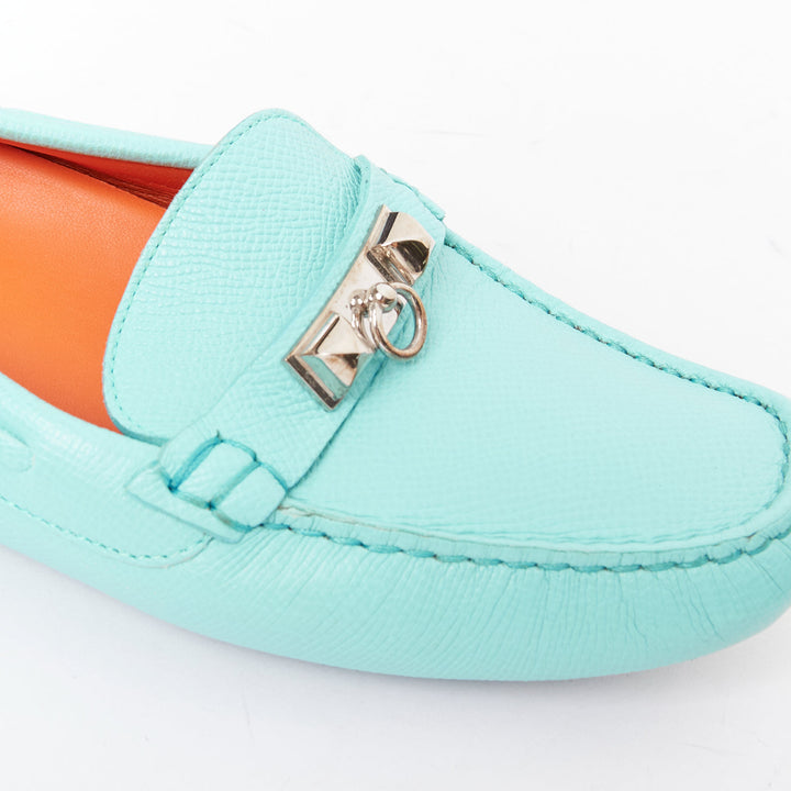 HERMES Irving cyan blue leather silver stud driving loafers EU35.5