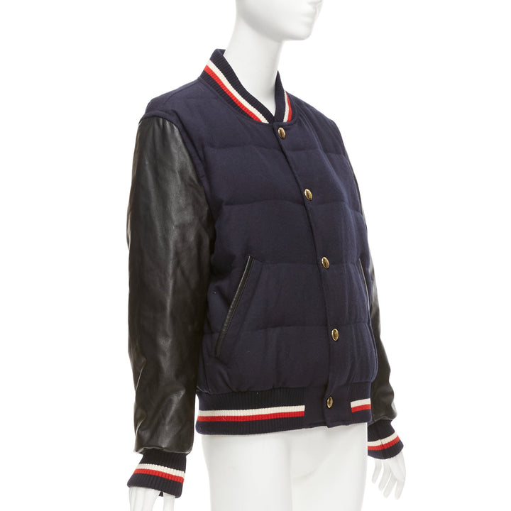 MONCLER GAMME BLEU navy wool leather sleeves goose down bomber jacket Sz2 M