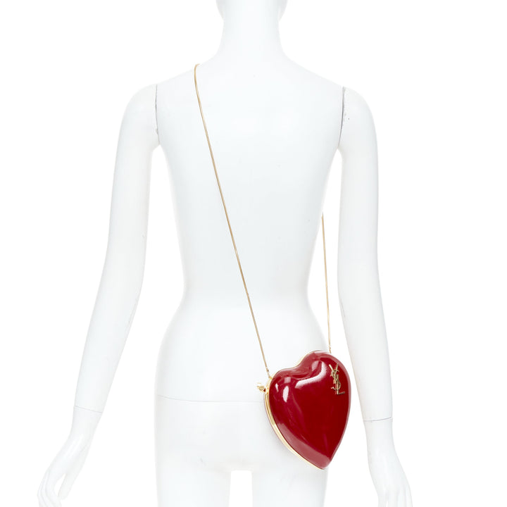 SAINT LAURENT Love Box red patent gold tone YSL logo heart box clutch chain bag