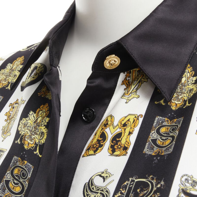 VERSACE Virtus Alphabet black gold Barocco Medusa button silk shirt IT42 M