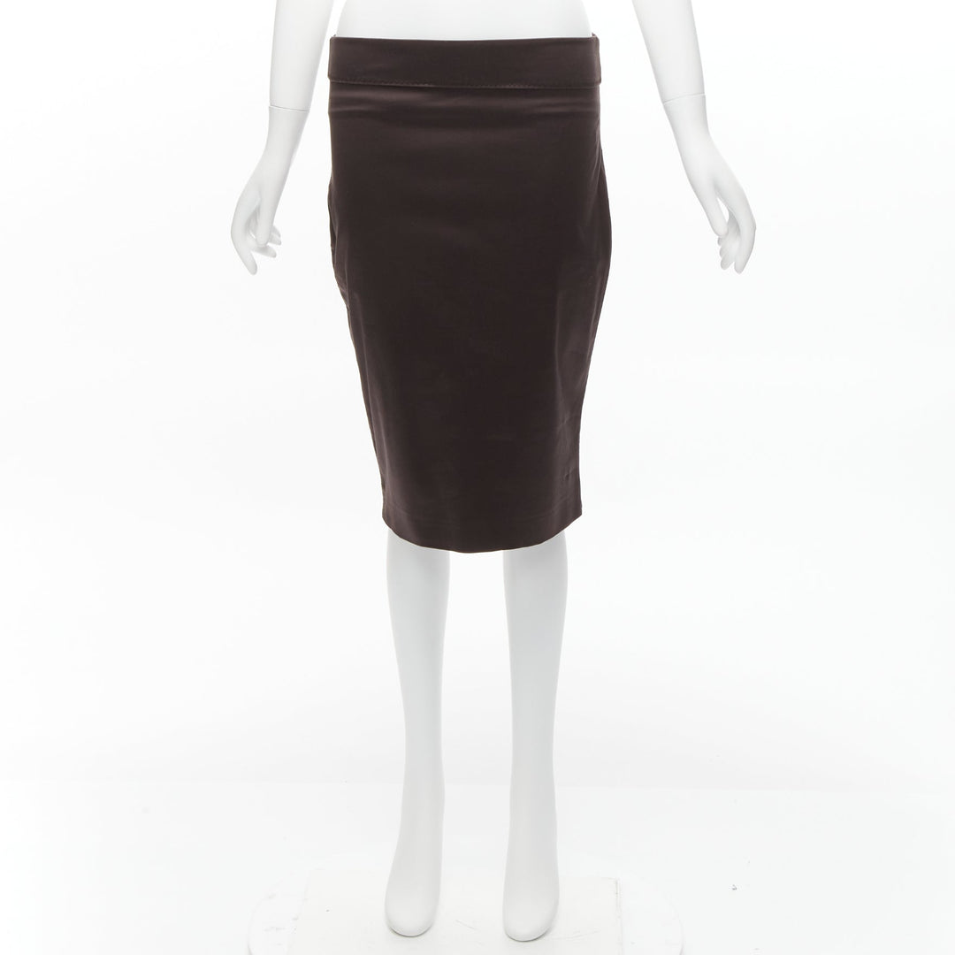 GUCCI brown silky texture zigzag topstitch flap waistband pencil knee skirt IT42