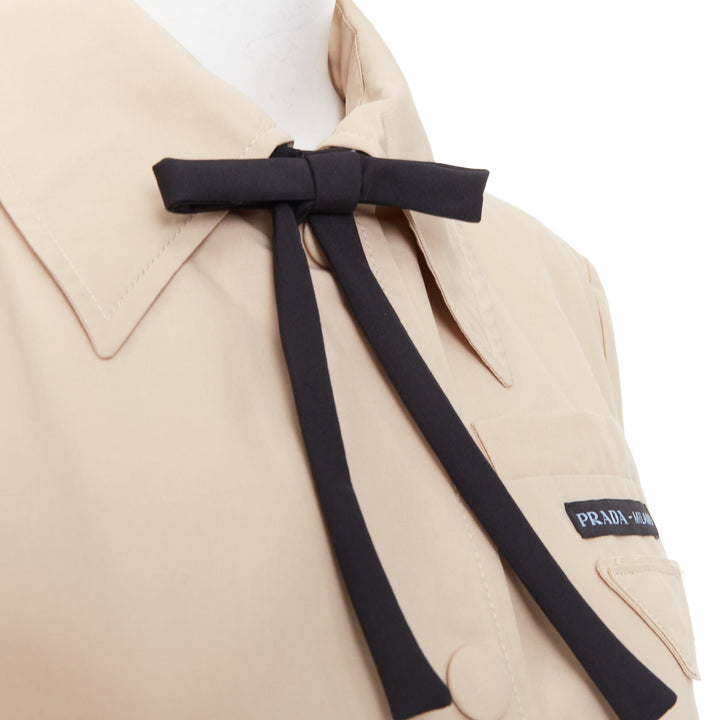 PRADA 2019 beige cotton black bow tie logo tape belted trench coat IT42 M