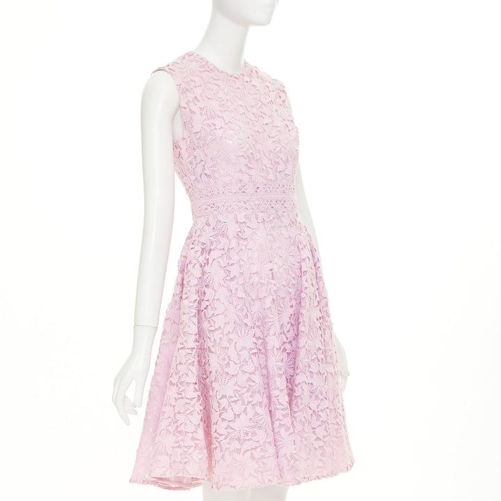 GIAMBATTISTA VALLI pink cotton blend  floral macrame lace flared dress IT42 M