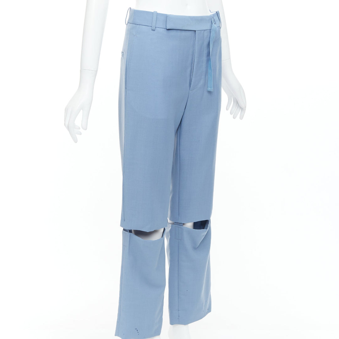 CELINE Phoebe Philo blue mohair wool knee cut out wide trousers FR36 S