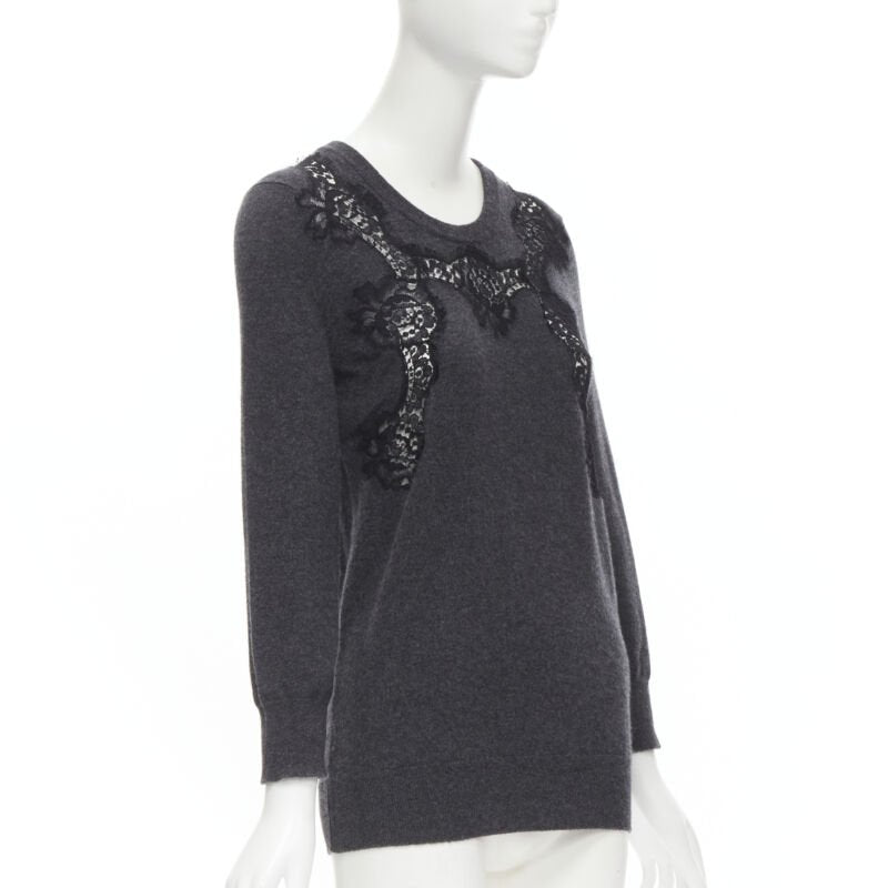 DOLCE GABBANA 100% cashmere grey black floral lace pullover sweater IT44 M