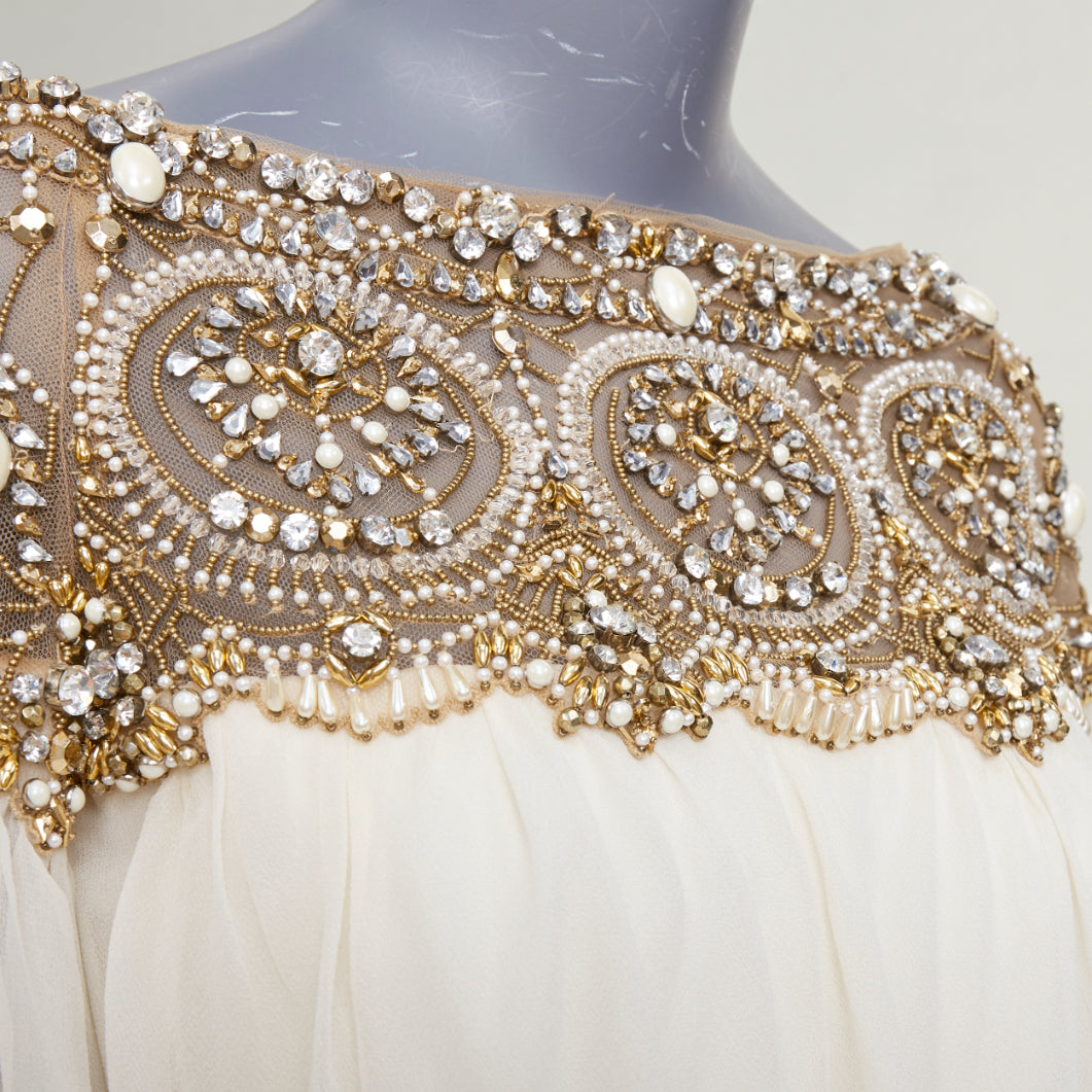 MARCHESA 2012 Runway ivory silk gold beads embellished off shoulder dress US4 S