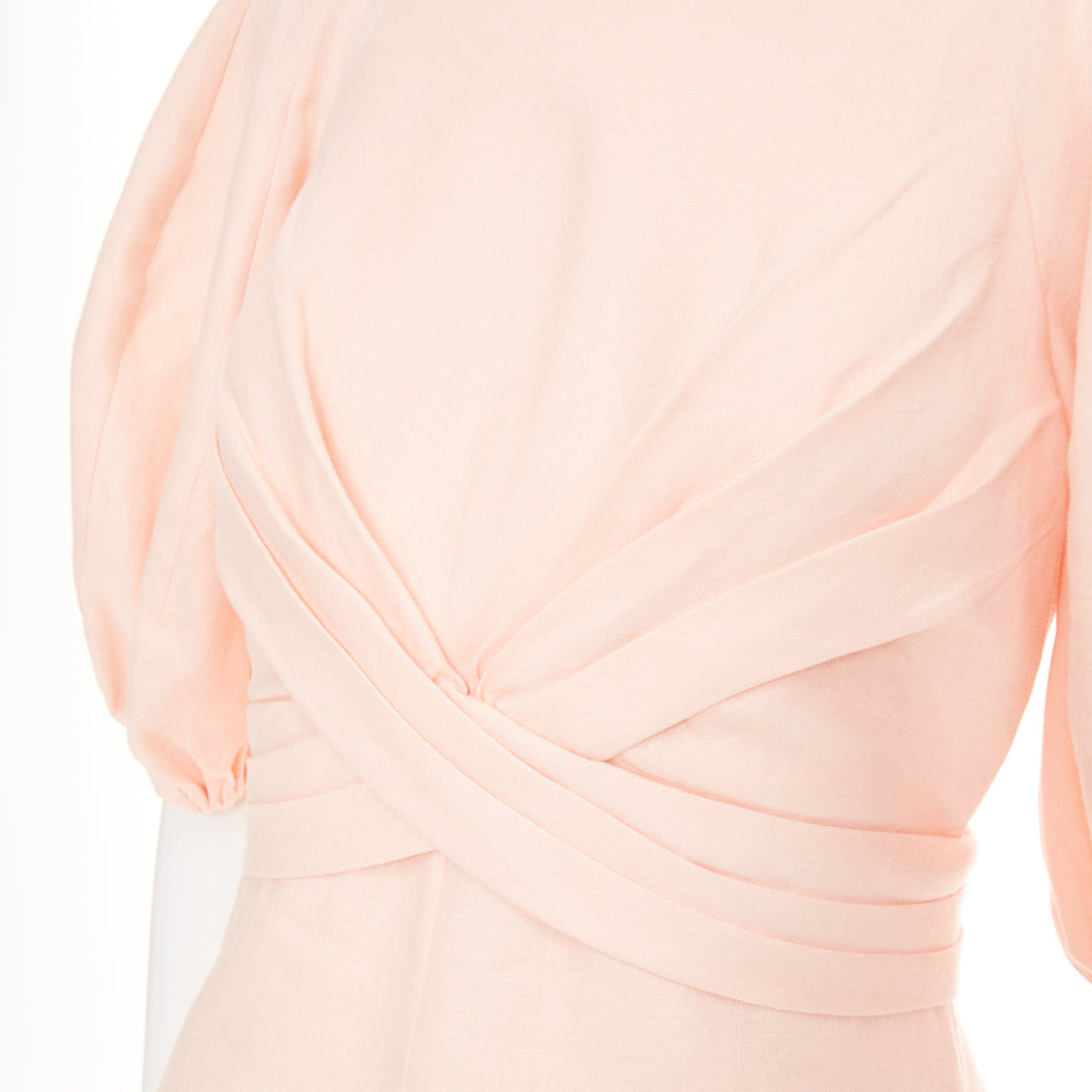 ZIMMERMANN 2022 Wrap Bodice soft blush pink linen puff sleeve dress US1 XS