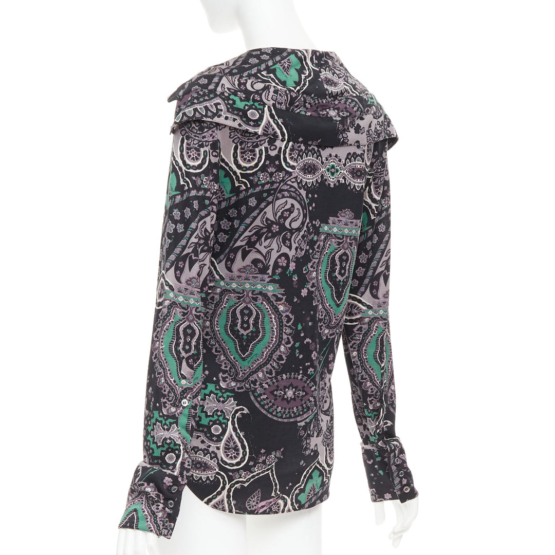 BURBERRY 100% silk black purple green grey paisley print dress shirt M