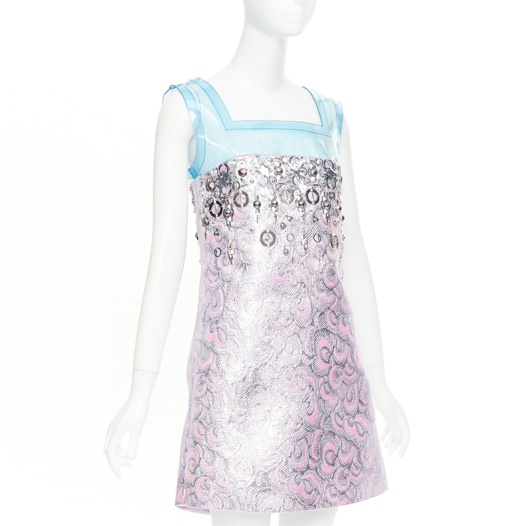 rare MIU MIU 2014 Runway blue PVC metallic purple wool A-line dress IT40 S
