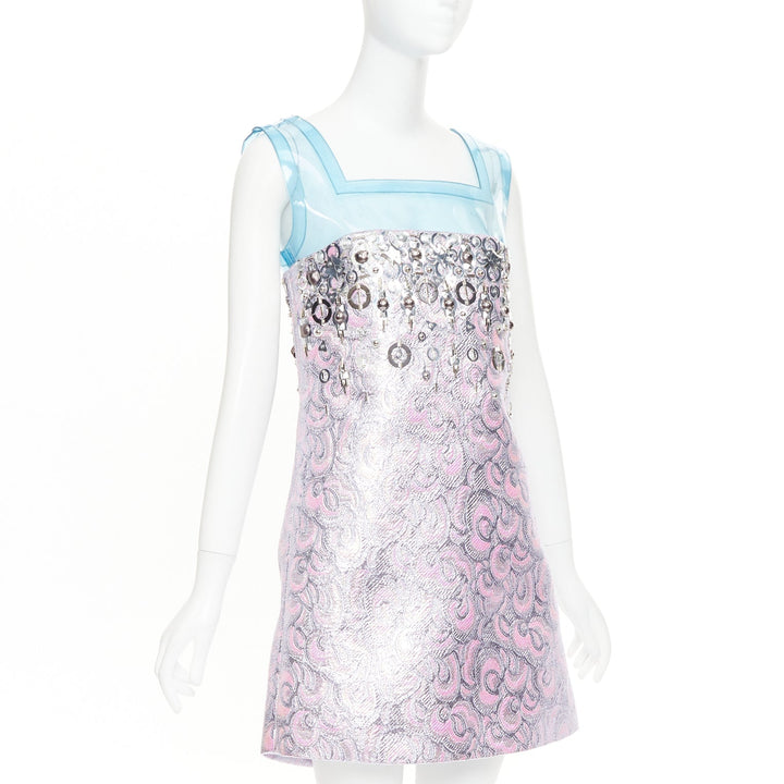 rare MIU MIU 2014 Runway blue PVC metallic purple wool A-line dress IT40 S