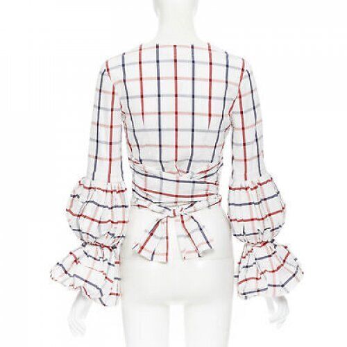 ROSIE ASSOULIN 2018 white checked seersucker puff sleeve wrap top US0 XS