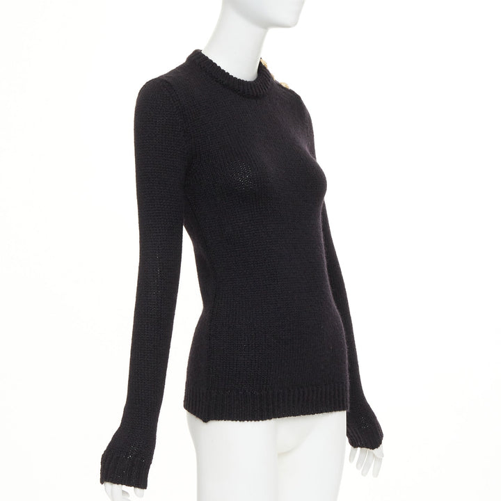 BALMAIN black mohair blend gold lion button crewneck long sleeve sweater FR34 XS