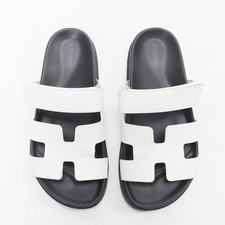 HERMES Chypre white leather H black techno sandals EU37