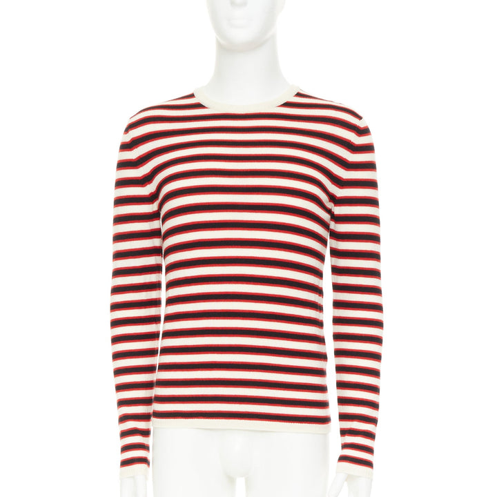 SAINT LAURENT 2018 cream red black 100% virgin wool horizontal striped sweater S