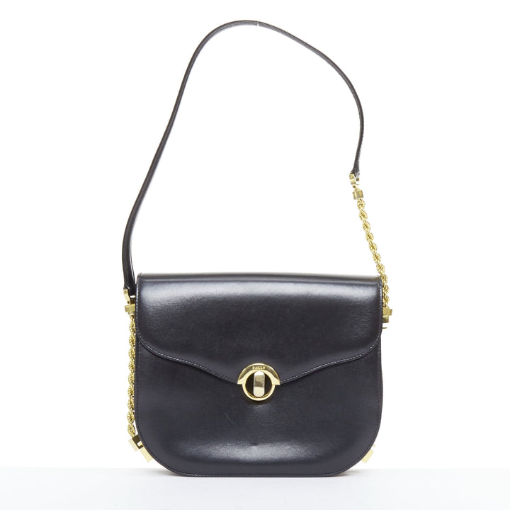 BALLY Vintage black smooth leather gold turnlock chain flap box bag