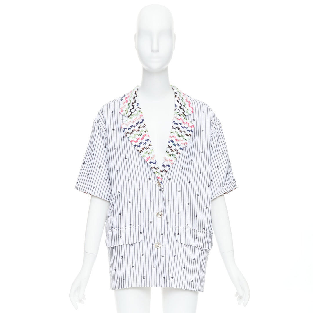 CHANEL 2021 multicolor tweed white CC logo stripe short sleeve jacket FR38 M