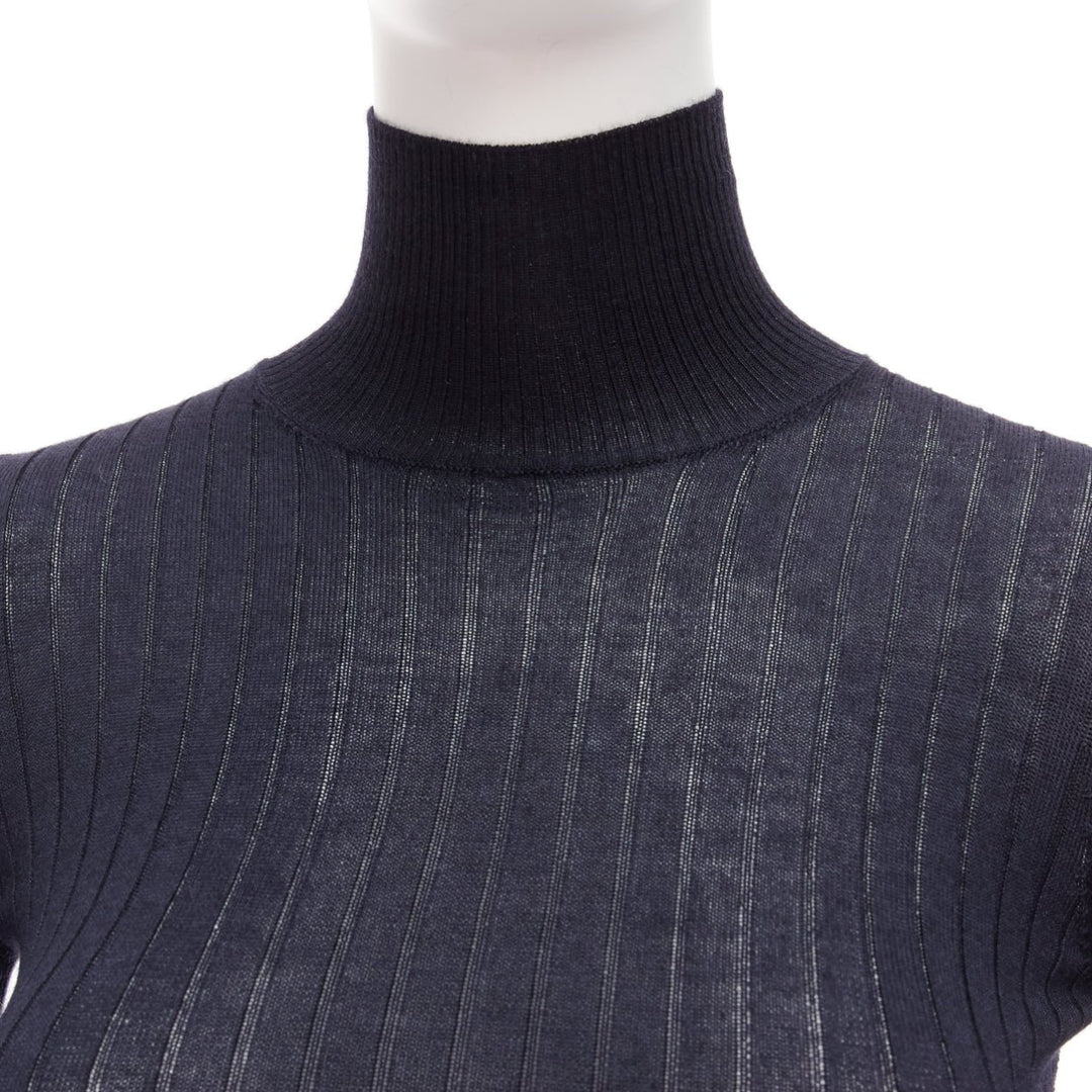 CHRISTIAN DIOR navy cashmere silk fine knit ribbed turtleneck sweater FR34 XS