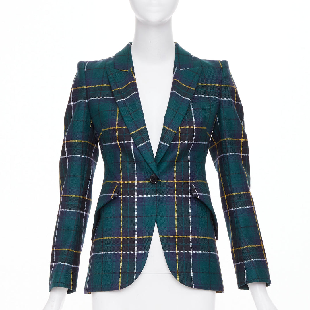 ALEXANDER MCQUEEN 2025 green wool tartan pointed shoulder blazer jacket IT36 XXS